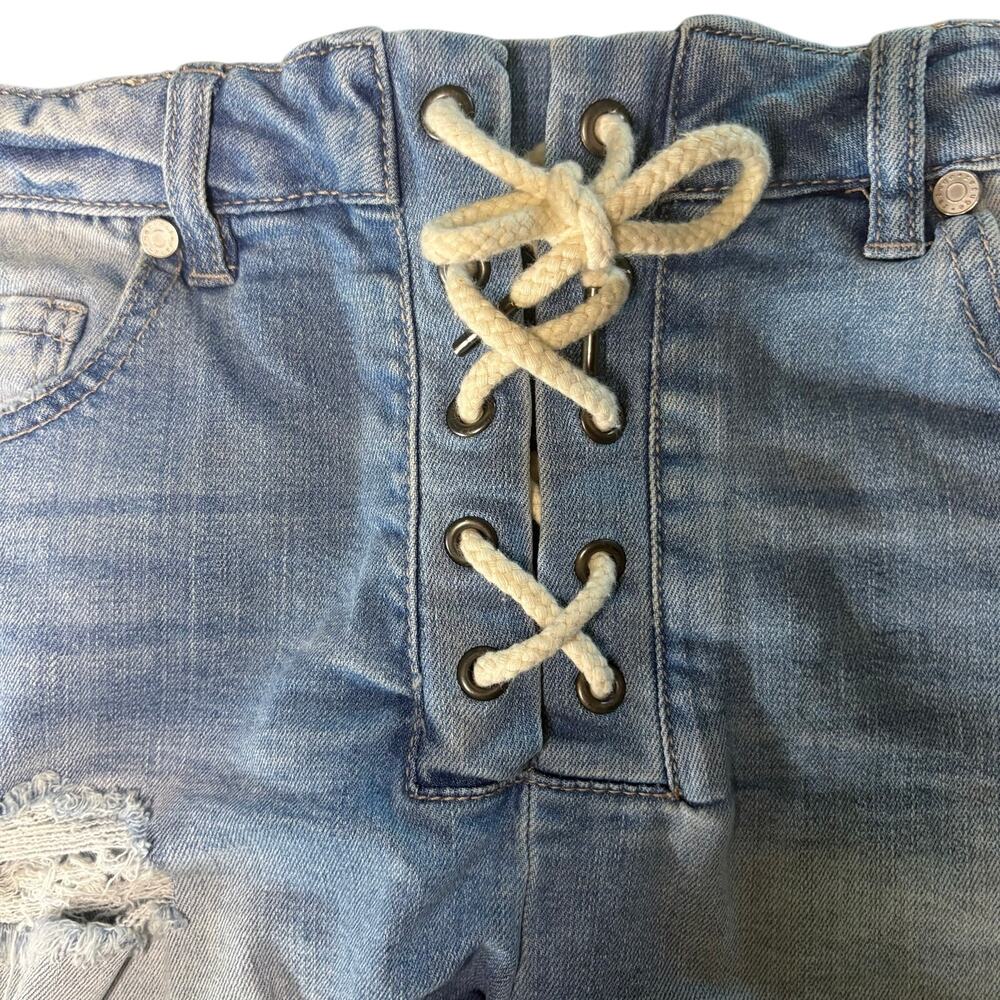 Refuge Lace Up Tie Front Cut Off Distressed Blue Jean Short Shorts sz 8 - Picture 5 of 13